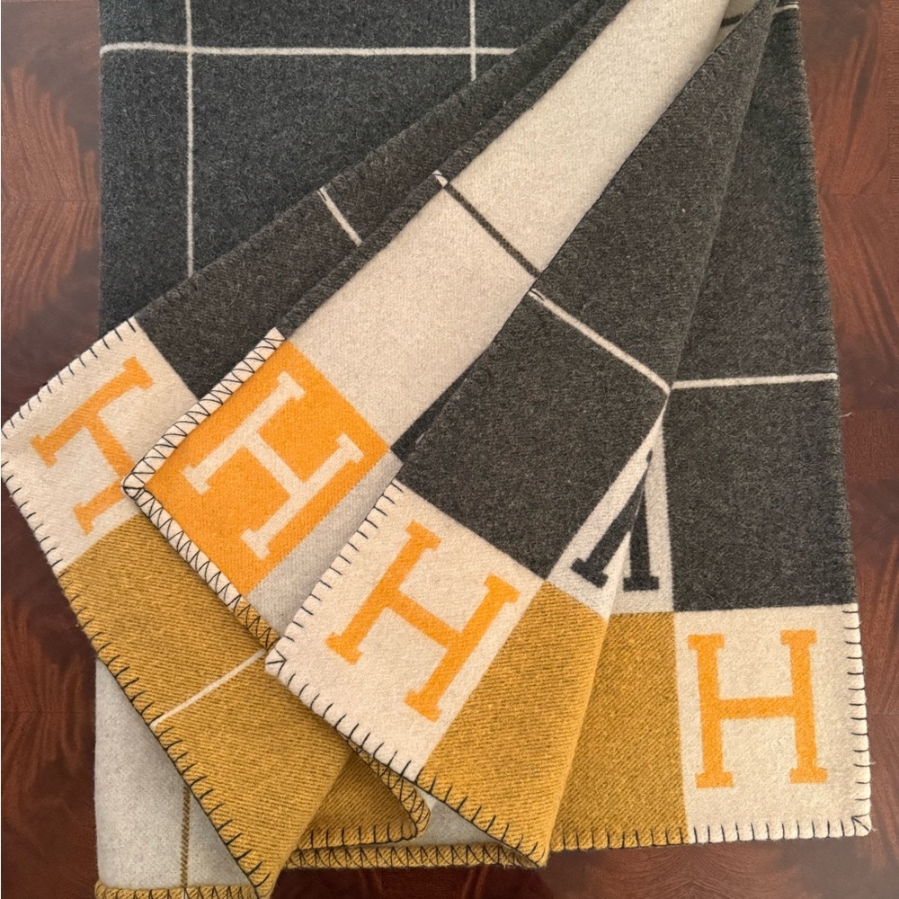 Hermes grey and Cream Throw with Orange H Accents